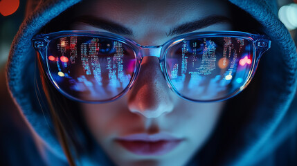A hacker&rsquo;s face partially obscured by a hood, with lines of code reflecting in their glasses.