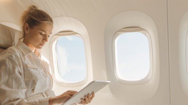Female Young Caucasian Flight Attendant Using Tablet for Passenger Lists and Meal Orders on Airplane During Daytime – Modern Technology and Professional Service Onboard - Powered by Adobe