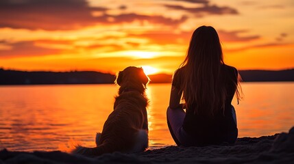 A woman and her dog watching the sunset over water. The sky is a beautiful orange, with stunning colors