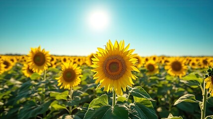 Naklejka premium Cheerful sunflower field under a clear blue sky perfect for adding brightness and positivity to wallpapers