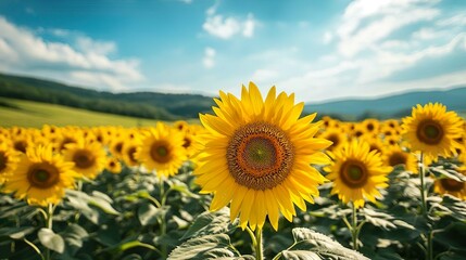 Fototapeta premium Bright sunflower field set against a vivid blue sky ideal for uplifting and vibrant background images