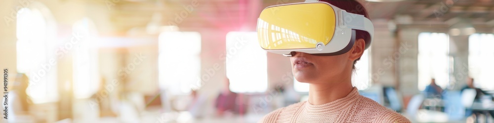 Poster diverse young adult developers using vr headsets and tablets for project discussion in a vibrant tec