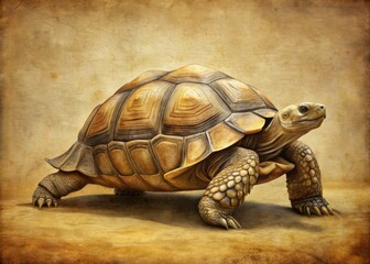 Fototapeta premium Vintage Sulcata on Antique Paper: Nostalgic depiction of a sulcata tortoise on aged paper, capturing the charm and serenity of times past.