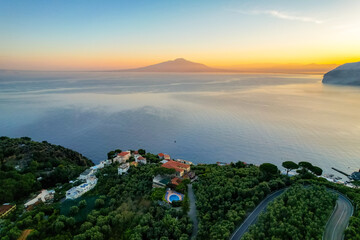 Sorrento city in amalfi coast line, Italy. Sunrise. Naples with Mount Vesuvius in the background