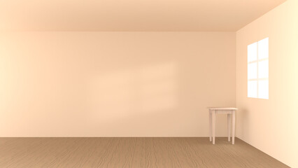 Fototapeta premium Modern contemporary loft empty room with beige tones wall. The Room has wooden floor, small table, window. 3d Rendering