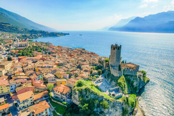View of the Scaliger Castle of Malcesine. Malcesine, Lake Garda, Italy