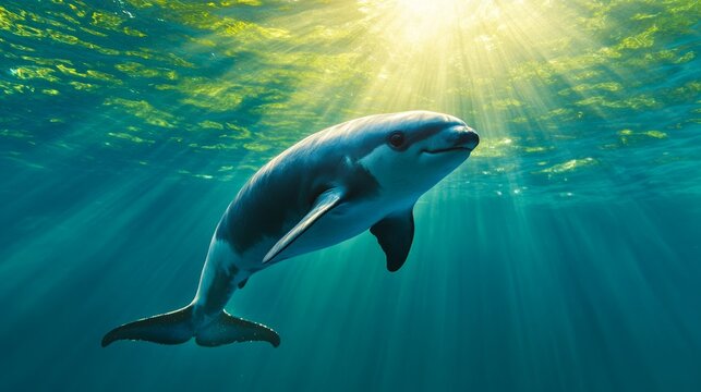 Rare Vaquita Porpoise Swimming in Natural Habitat, Critically Endangered Species, Searching for Prey, Sunlit Marine Environment