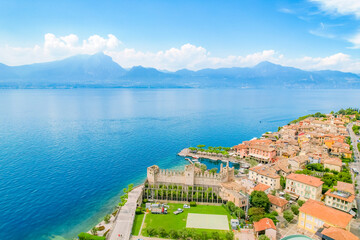 Aerial  view of the Castello Scaligero, Lake Garda, Italy. Lago di garda
