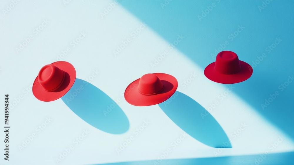 Poster contemporary product display of levitating red hats against light blue background with playful shado