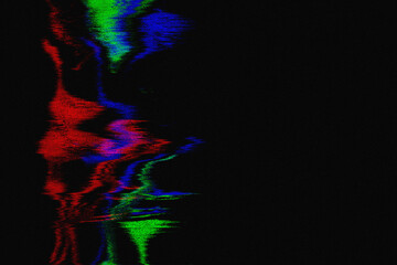 Digital Glitch shapes green, red, blue noise glitch on black dust film grain background. Pixel or VHS effect, Glitch error and signal distortion interference Virtual concept. Artwork. Place for text