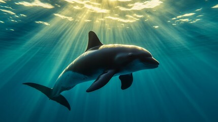 Obraz premium Critically Endangered Vaquita Porpoise Swimming, Searching for Food, Calm Sunlit Habitat, Unique Features Visible, Marine Environment