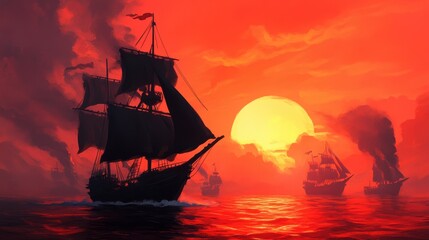 Obraz premium A dramatic sunset over the ocean with silhouetted ships sailing through vibrant colors, creating a serene yet adventurous atmosphere.