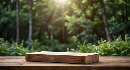 empty wooden tabletop podium in garden open forest, blurred green plants background with space. organic product presents natural placement pedestal display, spring and summer concept.