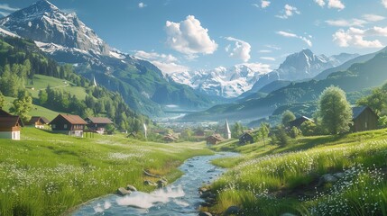A peaceful green meadow with a winding river flowing through it, surrounded by towering trees and distant mountains