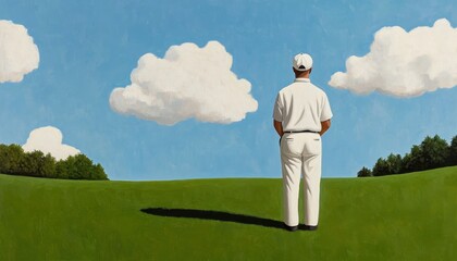 A man in white clothing stands on a green hill, gazing at a blue sky with fluffy clouds, symbolizing contemplation and tranquility.