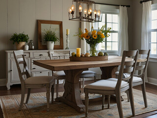 Fototapeta premium Rustic Farmhouse Dining Room: A Cozy Blend of Vintage Charm and Fresh Blooms.