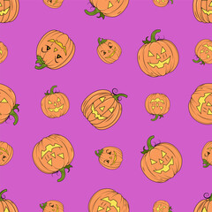 Funny seamless pattern for Halloween on a Raspberry background with a pumpkin