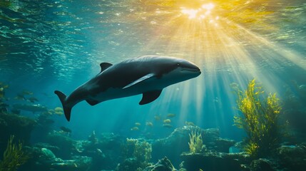 Fototapeta premium Vaquita Diving into Depths, Searching for Food, Diverse Marine Life, Underwater Formations, Ideal for Marine Conservation Studies
