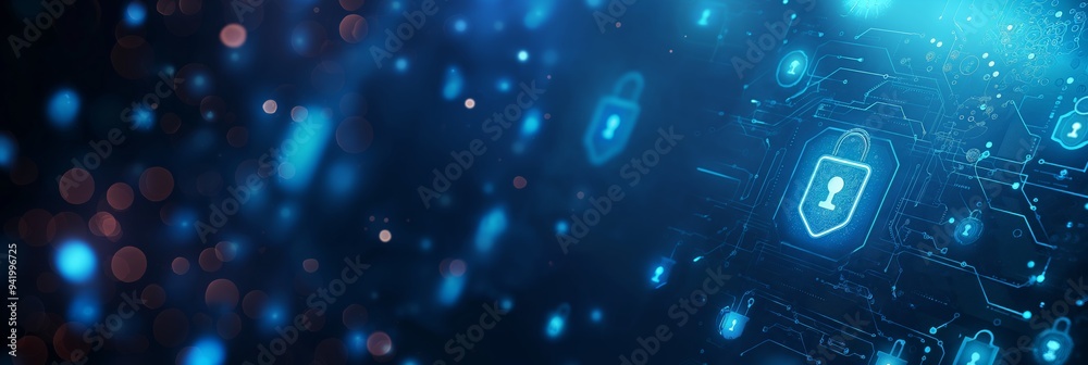 Poster Futuristic digital tech background with security lock icons symbolizing cybersecurity in advanced tech setting, great for tech themes. Includes data protection, network security, encryption concepts