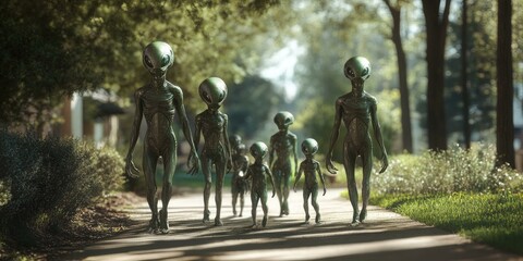 Obraz premium Aliens walking on a path through a forest.