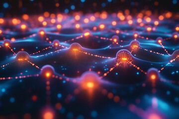 "IT" floating over a digital landscape of interconnected data points and neural networks.