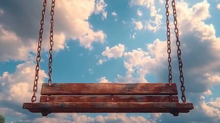 A rustic wooden swing hangs against a bright blue sky with fluffy white clouds.