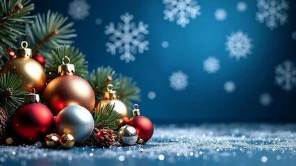 Colorful Christmas Baubles with Pine Needles and Snowflakes background