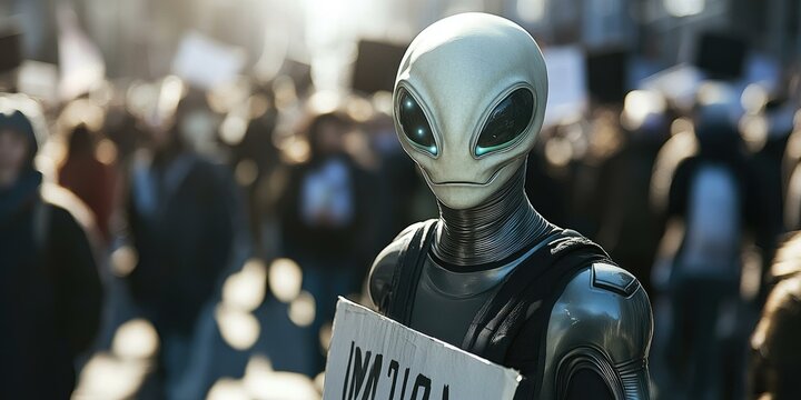 Alien in crowd holding sign with blurred background.