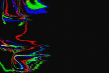 Digital Glitch shapes green, red, blue noise glitch on black dust film grain background. Pixel or VHS effect, Glitch error and signal distortion interference Virtual concept. Artwork. Place for text