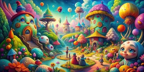 Fototapeta premium Whimsical Wonder: Playful, imaginative, vibrant colors, whimsical characters, surreal landscapes
