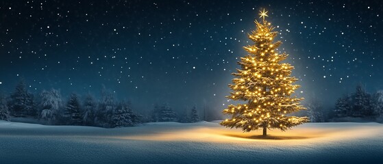 Christmas tree with lights in a snowy winter landscape at night