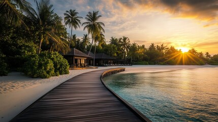 Fototapeta premium tropical beach with a wooden boardwalk leading to a luxury resort