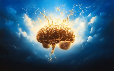 Fototapeta premium Vibrant, electrifying image of a brain depicted as a source of light and energy in the sky, symbolizing creativity and intelligence.