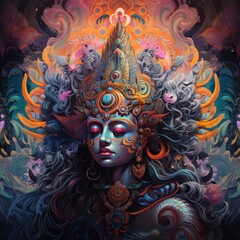 Fototapeta premium A vibrant, mystical portrait of a goddess with intricate details and colorful embellishments.