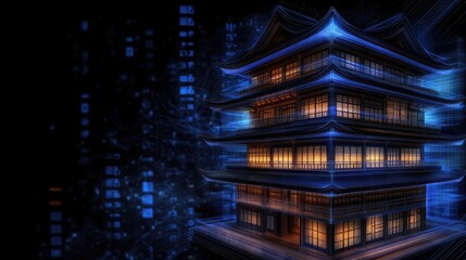 A holographic projection features striking blue digital lines forming pavilions and towers, creating a blend of traditional and futuristic Chinese architecture in a darkened space
