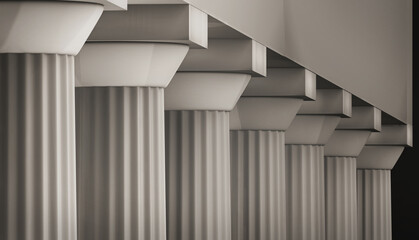 Row of ancient marble columns. Close up, 3D graphics rendering. Arranged lines background, with a cultural and formal aesthetic