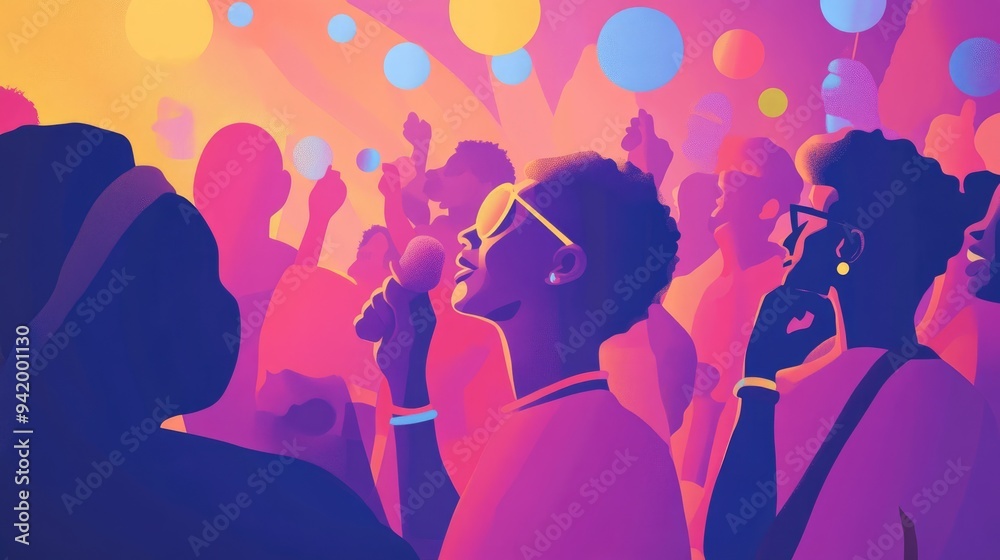 Poster Silhouettes of People Enjoying a Colorful Party