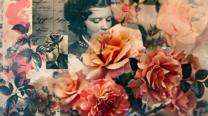 A collage-style background combining vintage photographs, text snippets, and floral elements, creating a nostalgic and artistic feel 