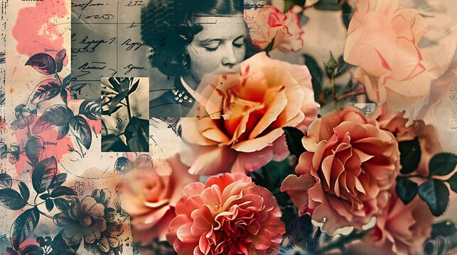 A collage-style background combining vintage photographs, text snippets, and floral elements, creating a nostalgic and artistic feel 