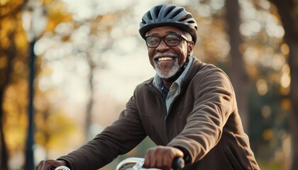 Fototapeta premium A happy, elderly Black man riding his bicycle in the park, wearing a helmet and glasses in a sunny day