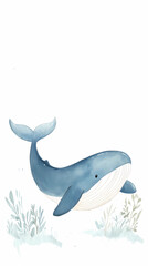 Obraz premium Illustration of blue whale. Adorable sea animal in the underwater world. Cute collection for kids, stickers, wallpaper, children books and greeting cards.