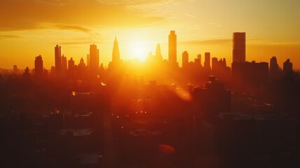 Cityscape at Sunrise with Sunburst