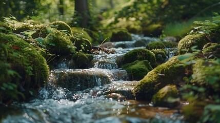 A gentle stream flowing through a quiet forest, with soft moss-covered rocks and the sound of trickling water creating a meditative ambiance