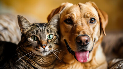 A beautiful and heartwarming portrait of a cat and dog together, showcasing their affectionate bond and love as household pets.