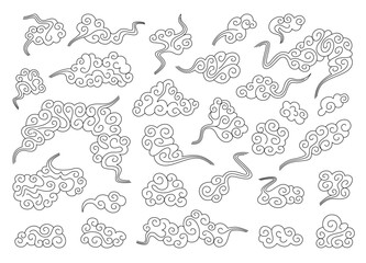 Cute simple cumulus clouds Japanese engraving style. Oriental vintage clouds line art collection. Set of retro hand drawn elements for Chinese design. Vector illustration.