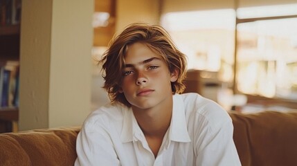 Obraz premium Teen White Man with Brown Straight Hair creative poster.