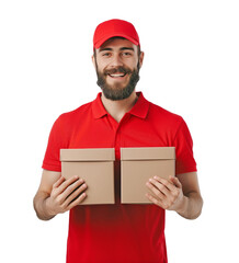 Mail delivery, a young guy 20-30 years old of European appearance, blond, in a red T-shirt with a paper box in his hands, smiling, standing on a light background