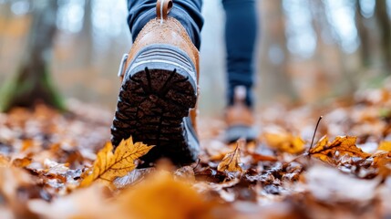 A close-up shot focusing on a hiker’s boots stepping over fallen leaves and natural obstacles in a beautiful autumn forest, representing adventure and nature connection.