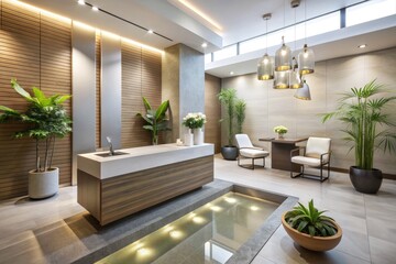Fototapeta premium Zen Dental Oasis: Meditative décor, calming water features, muted colors, minimalist design, peaceful receptionist