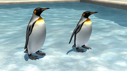 Fototapeta premium Two king penguins stand side by side in a zoo tank, one tilting its head to look up at rocks while the other directs its attention toward the camera, showcasing vibrant colors